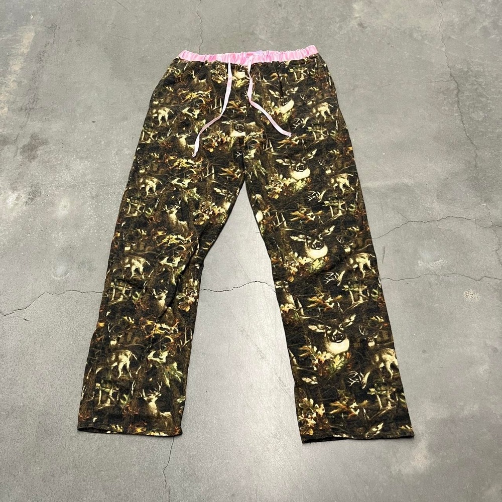 2000s wilderness dreams camo pj pants w silky pink waistband n drawstring